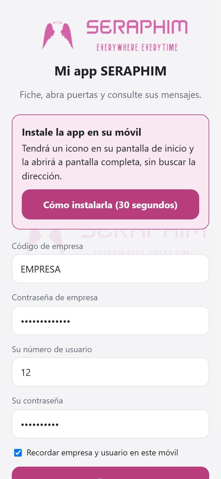 Pantalla de entrada con el aviso para instalar la app